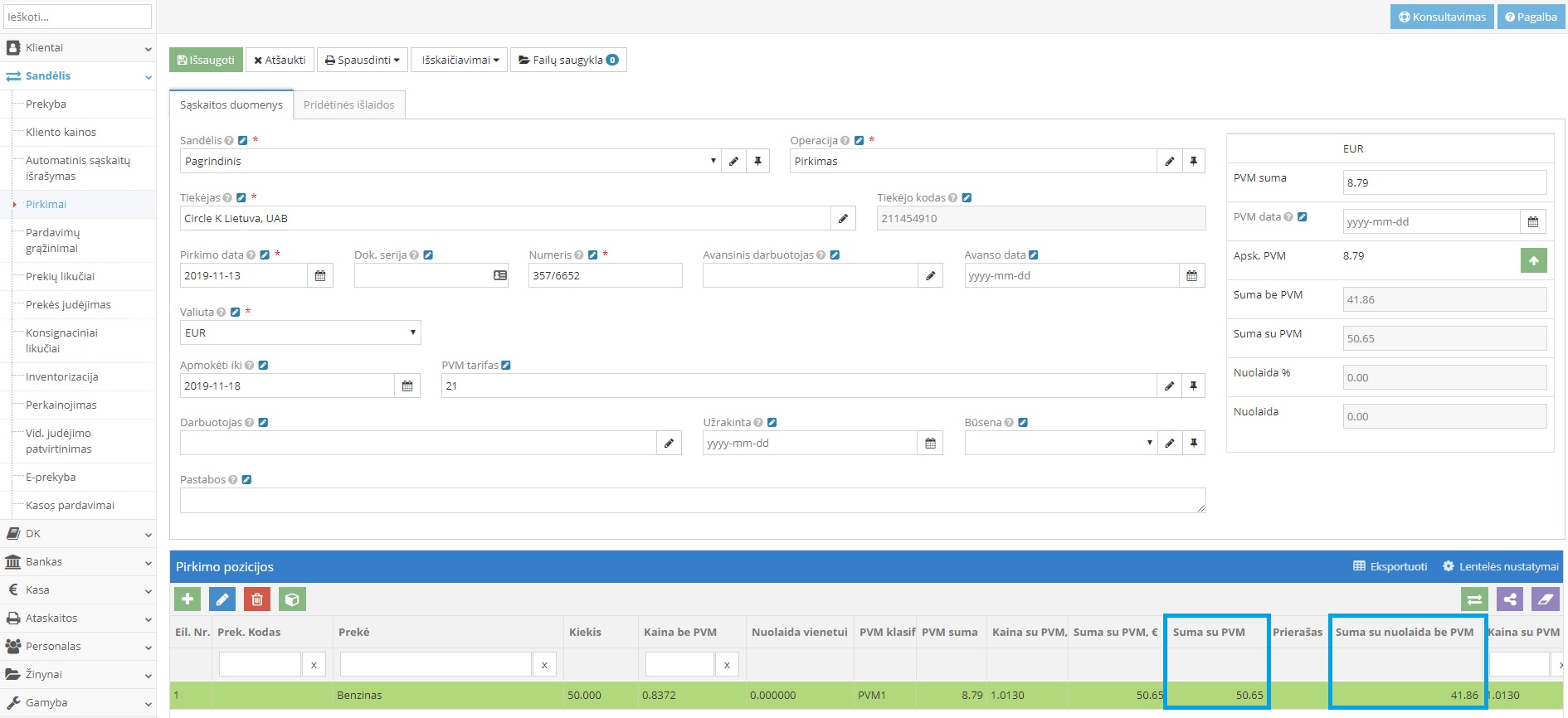 Pirkimo pozicijos ir suma su PVM įvedimas lange