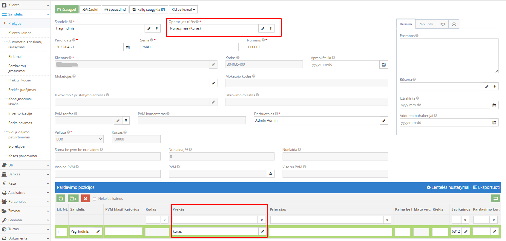 Nurašymo dokumento pildymo langas
