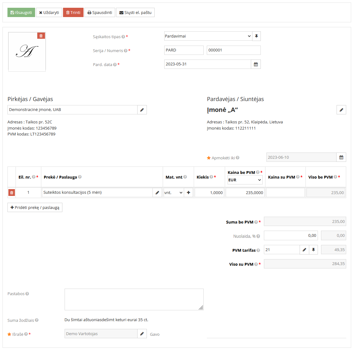 Privalomų laukų pildymo langas sąskaitos išrašymui