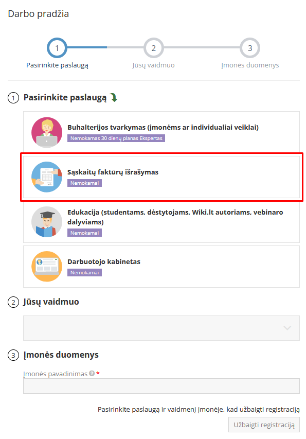 Sąskaitų faktūrų išrašymo pasirinkimo langas