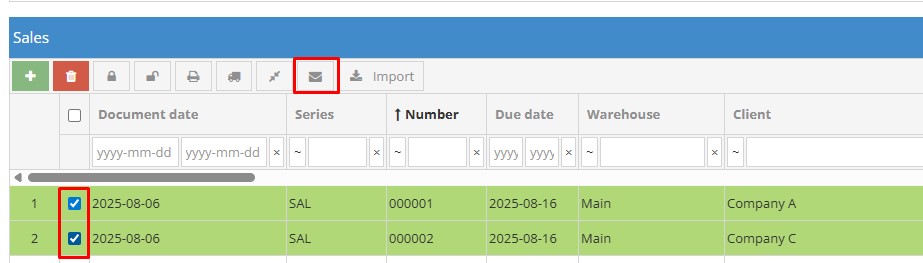 Sales invoice sending window interface