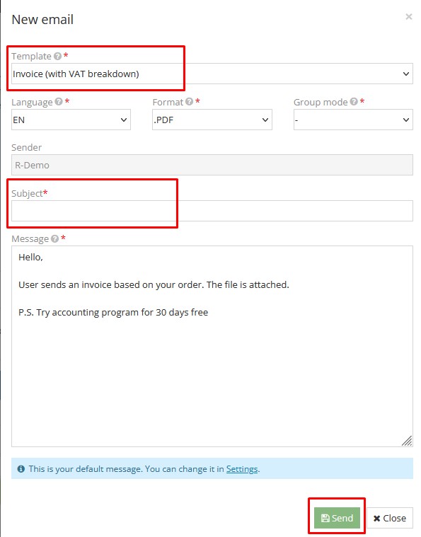 Email sending form for sales invoices