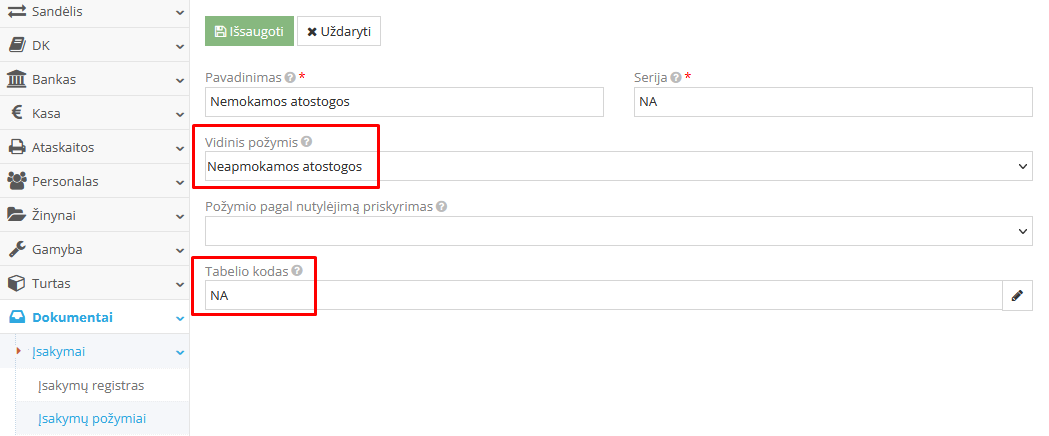 Įsakymo požymio užpildymo langas