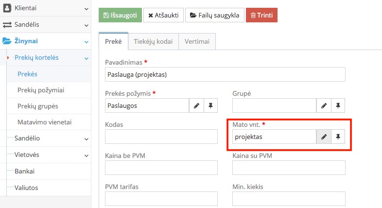 Naujos paslaugos kortelės kūrimo langas