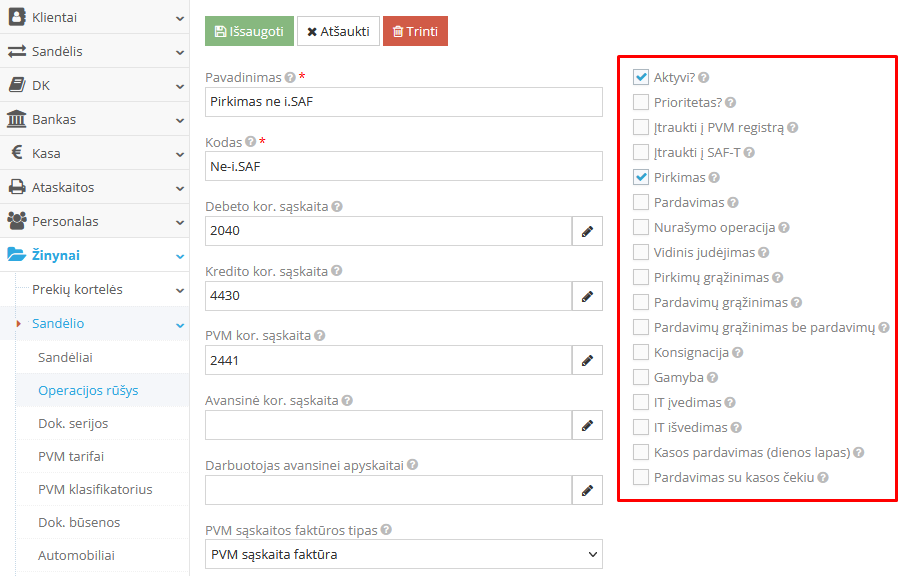 Operacijos rūšies kūrimo langas su pasirinkimu Pirkimas, ne i.SAF