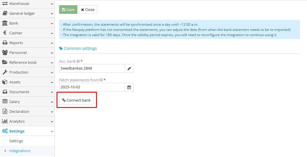 Neopay service connection window