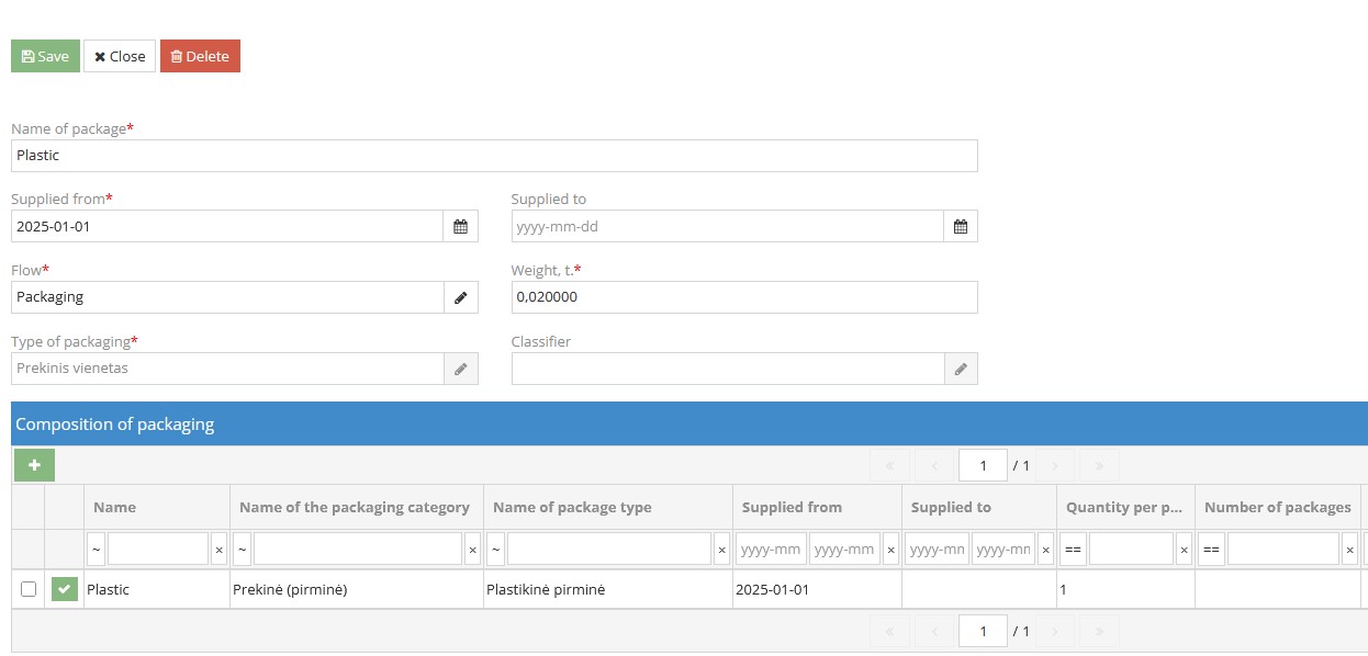 Fill in new packaging details in the opened window