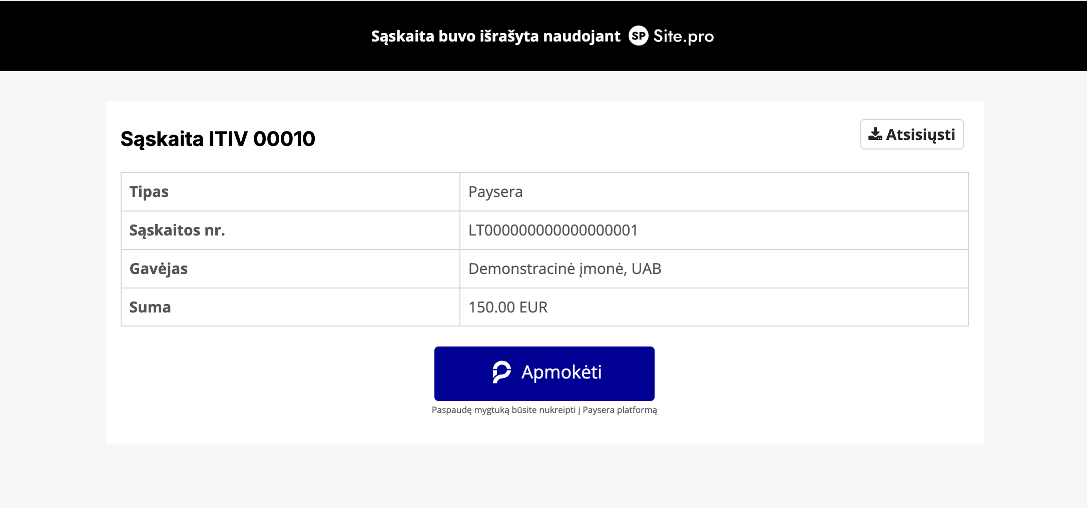 Nukreipimo į banko sistemą lango pavyzdys