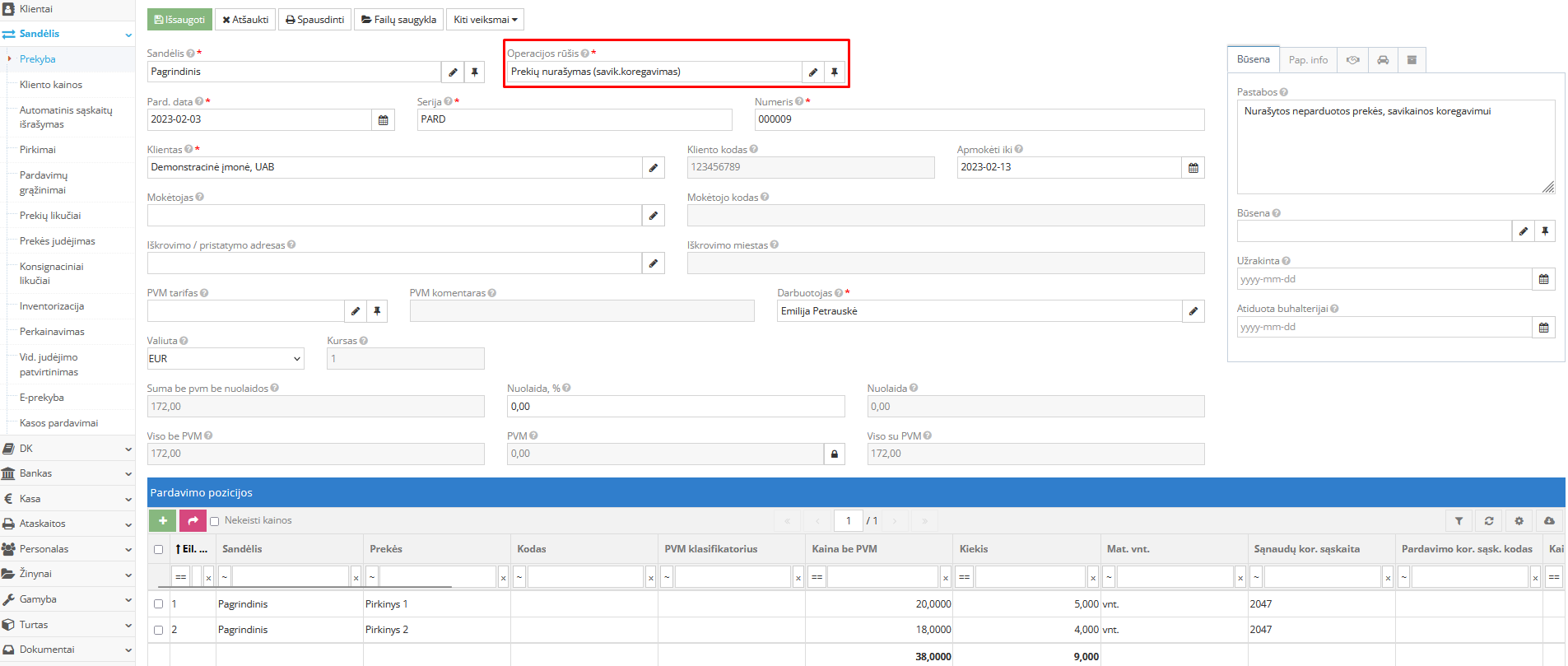 Prekių nurašymo registravimas sandėlio modulyje