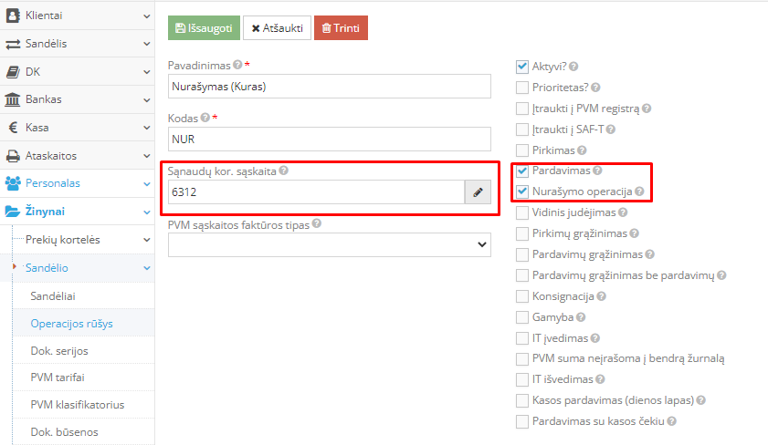 Nurašymo operacijos rūšies sukūrimo langas