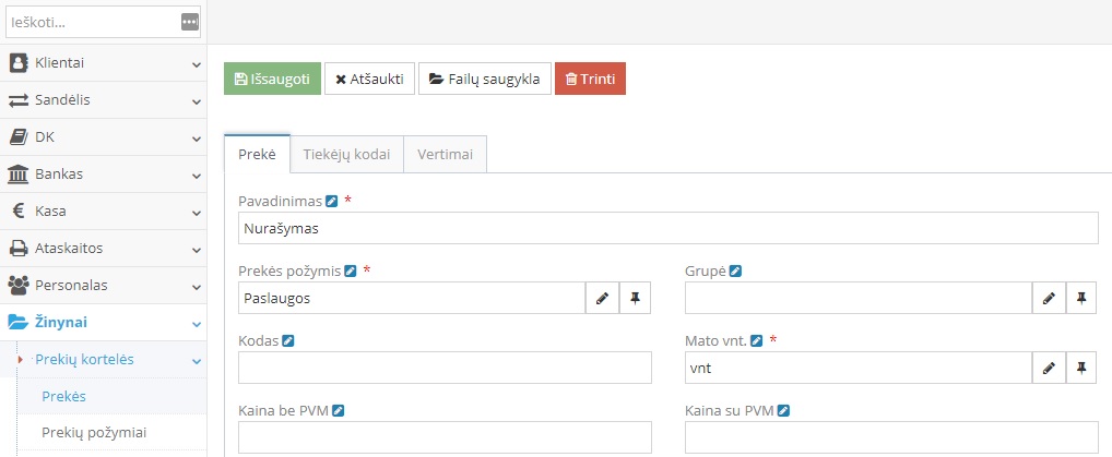 Prekės kortelės kūrimas su paslaugos požymiu