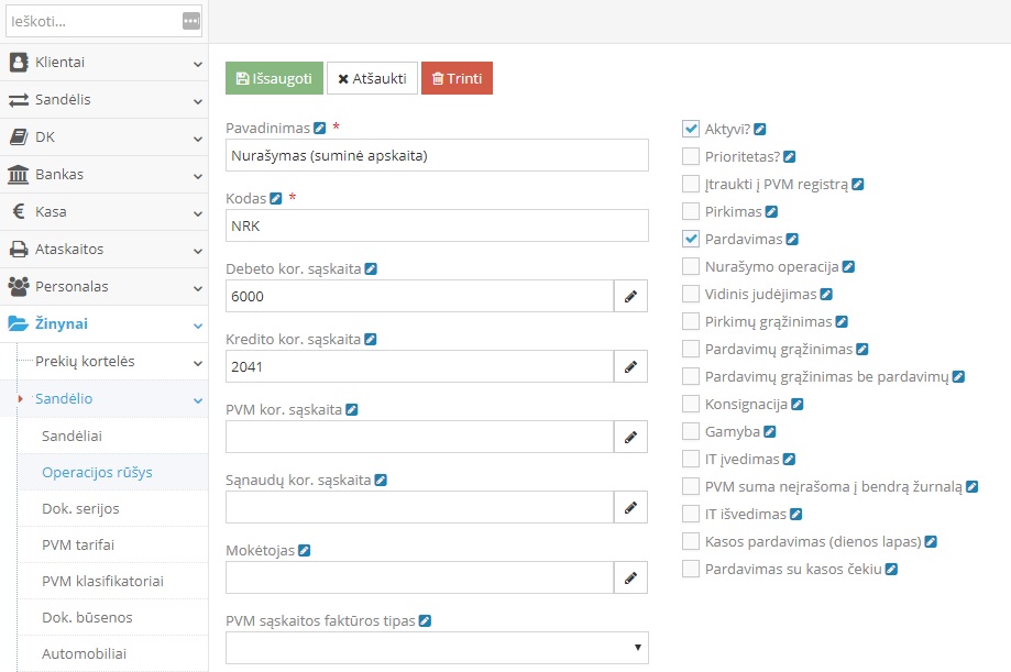 Naujos nurašymo operacijos rūšies kūrimas