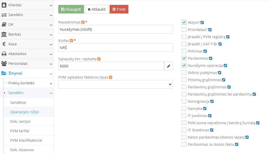 Nurašymo operacijos rūšies pavyzdys nSoft integracijoje