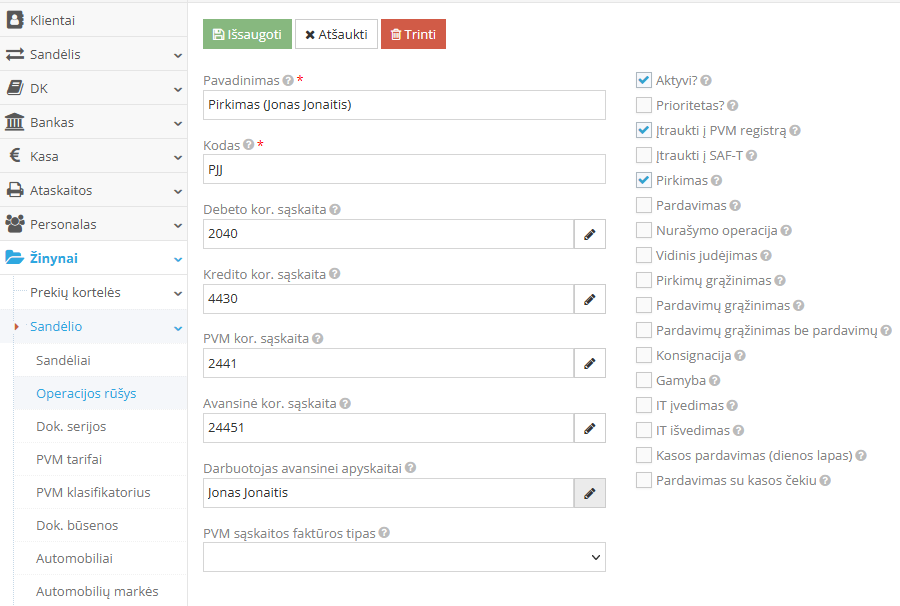 Pirkimo operacijos rūšies sukūrimo langas