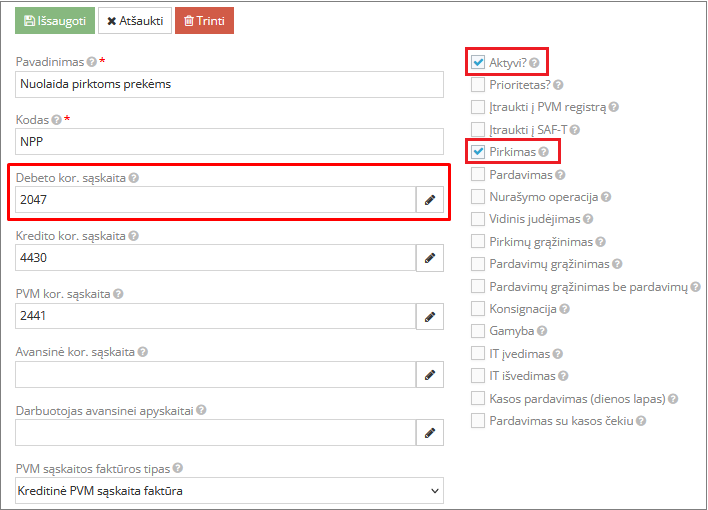 Operacijos rūšies kūrimas grąžinimui su nuolaida
