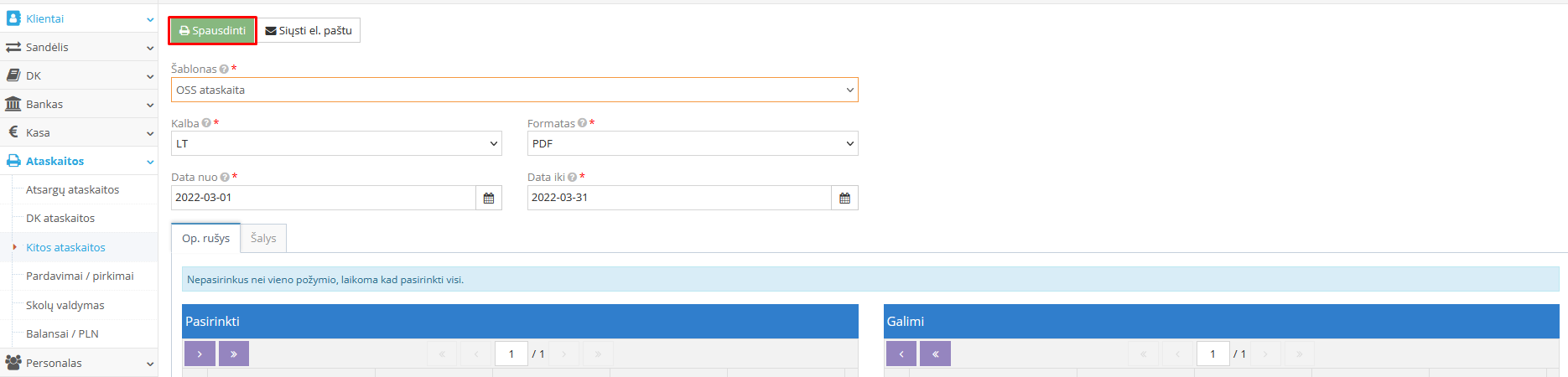 OSS ataskaitos pasirinkimo langas