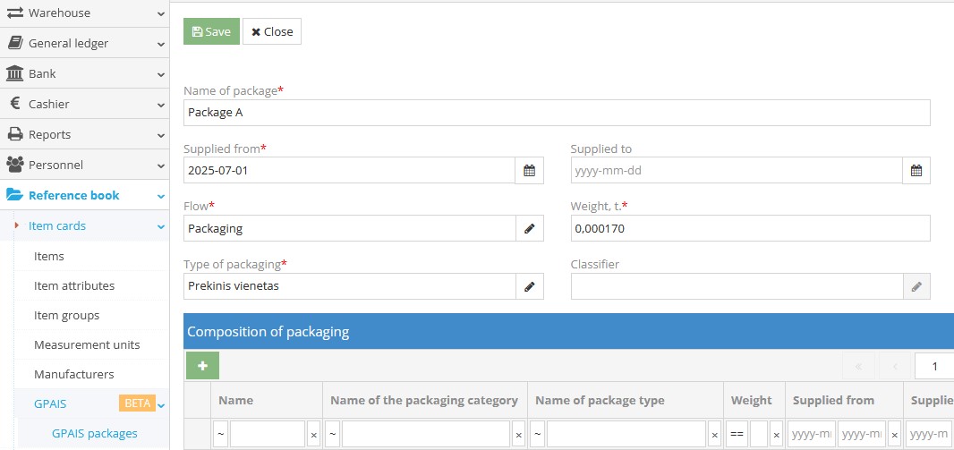 Filling in product packaging details window