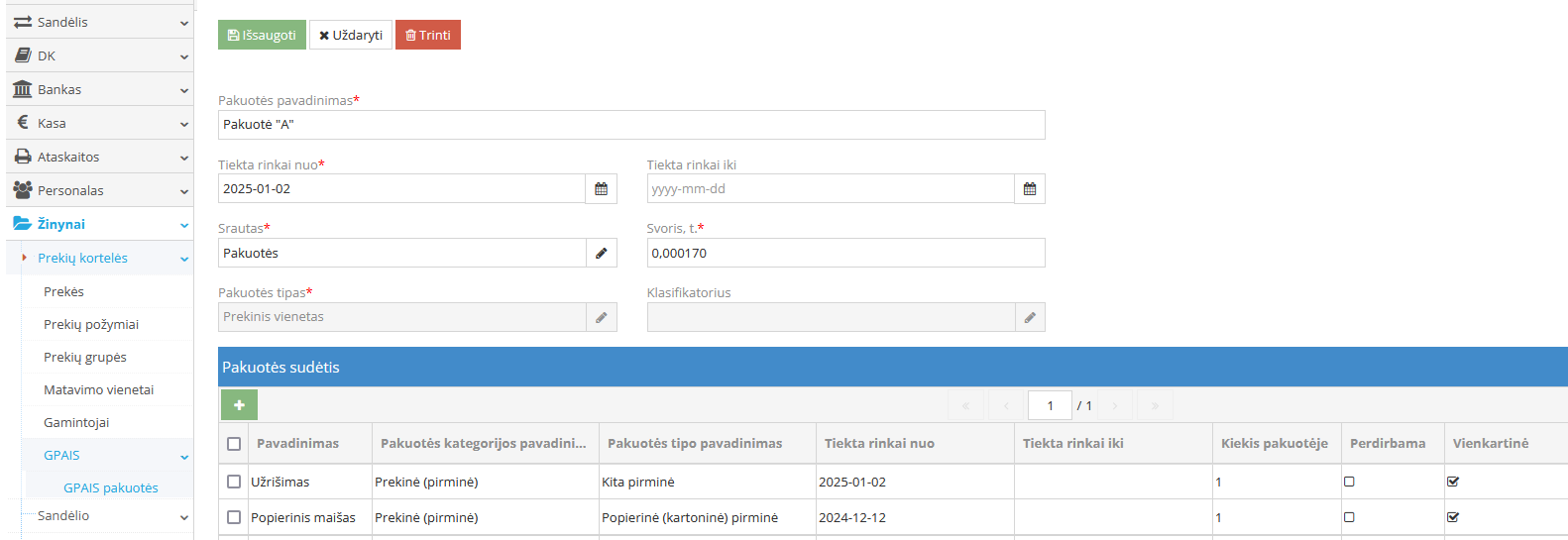 Pakuotės sudedamųjų dalių sąrašas