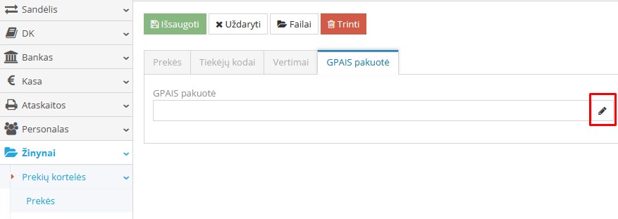 Pakuotės priskyrimo prekei pasirinkimo langas