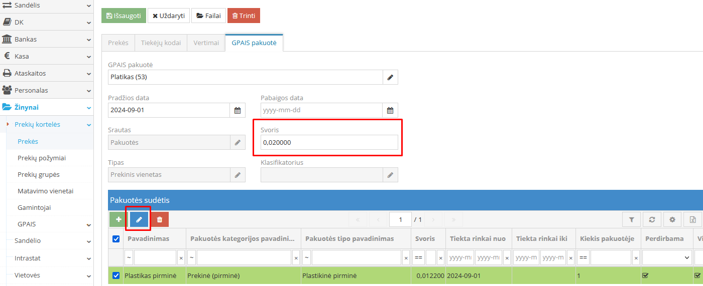 Pakuotės kortelės koregavimo langas