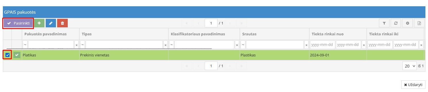 Pakuotės priskyrimo prekei langas