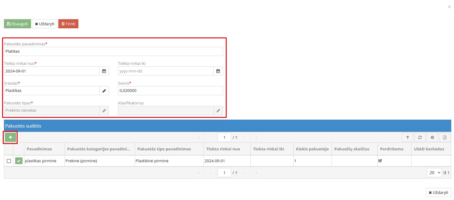 Pakuotės sudėties langas