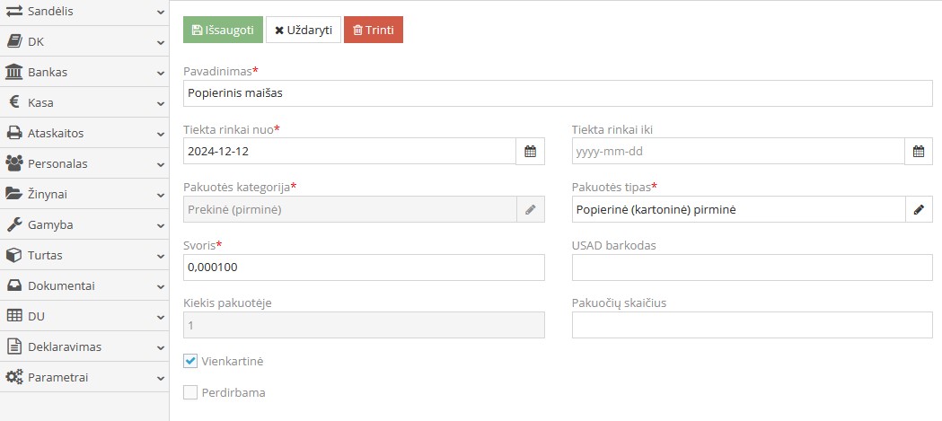 Pakuotės sudėties užpildymo langas