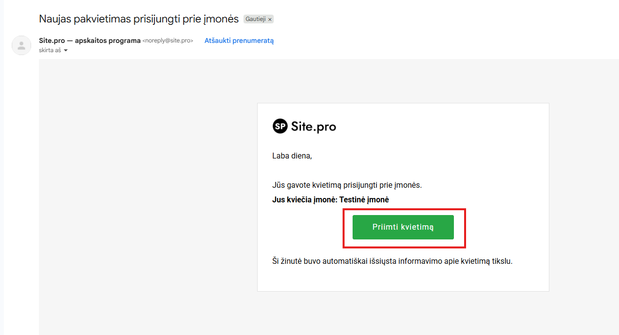 Кнопка принятия приглашения в окне приглашения