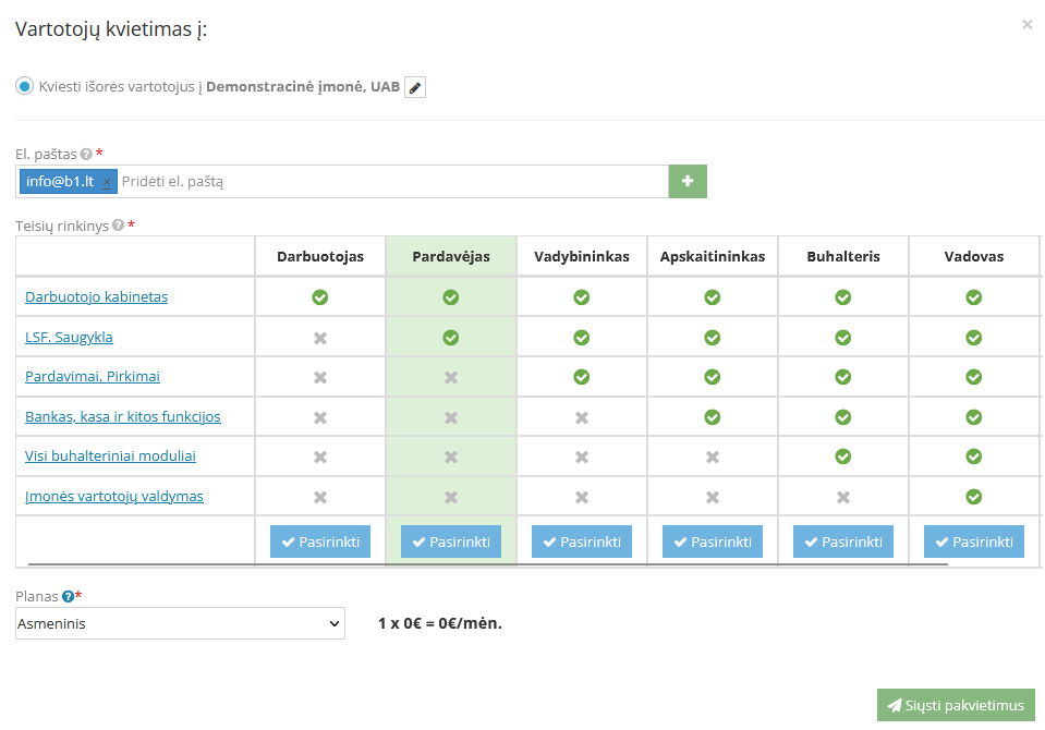 Pakvietimo langas naujam vartotojui pridėti