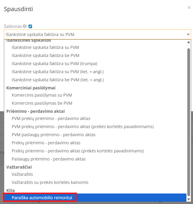 Spausdinimo šablono pasirinkimas automobilio remontui