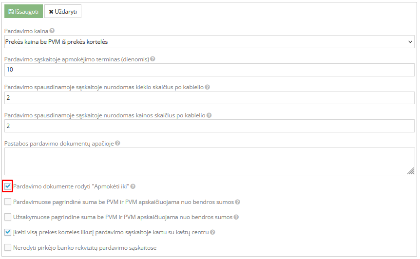 Pardavimo dokumento apmokėjimo termino nustatymas