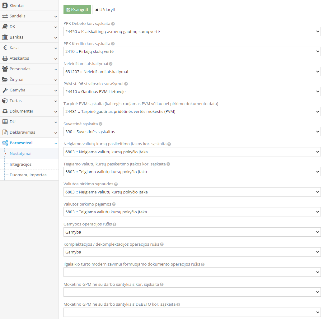 Korrespondencinių sąskaitų nustatymų langas buhalterijoje