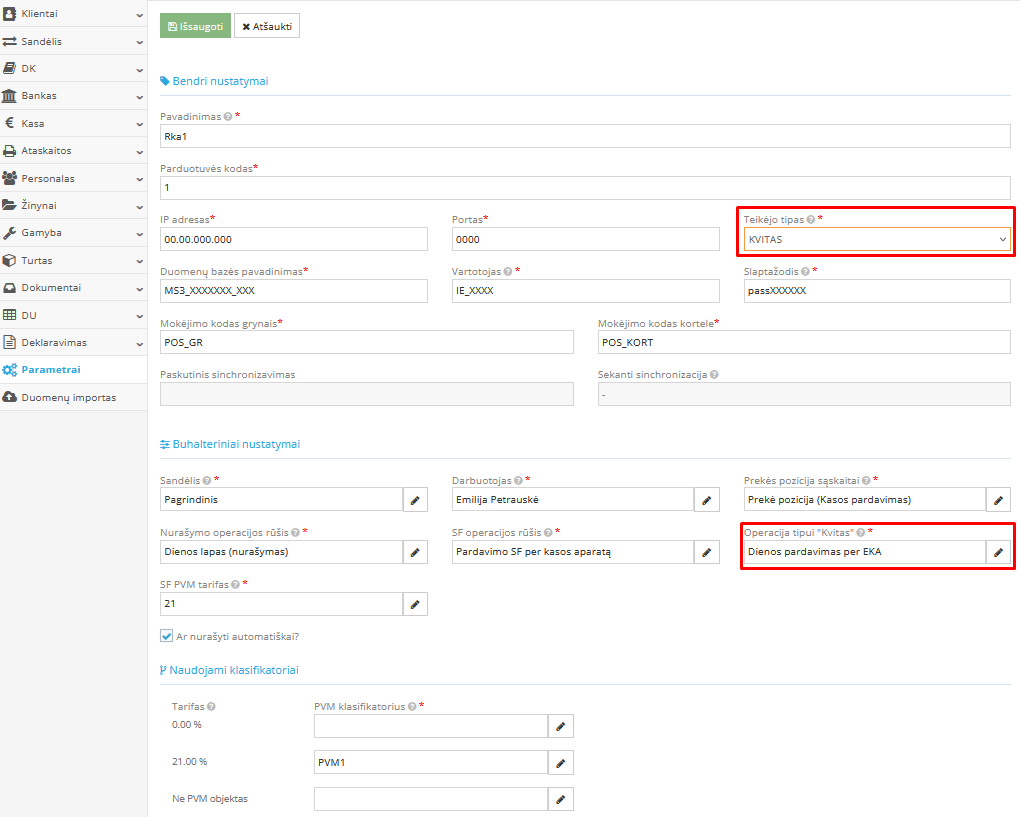 Parametrų nustatymų langas Raso kasos aparate