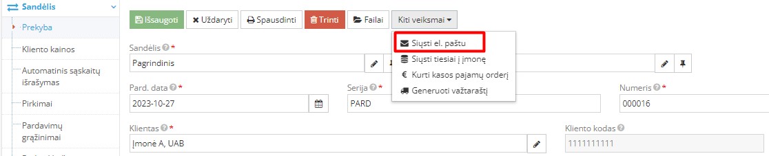 Pardavimo siuntimas el. paštu klientui