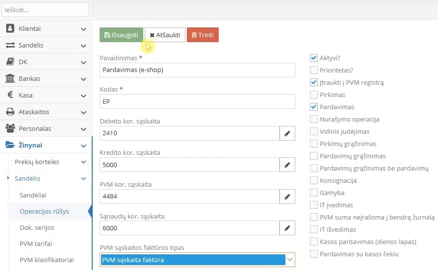 Creating a sales operation in the e-shop