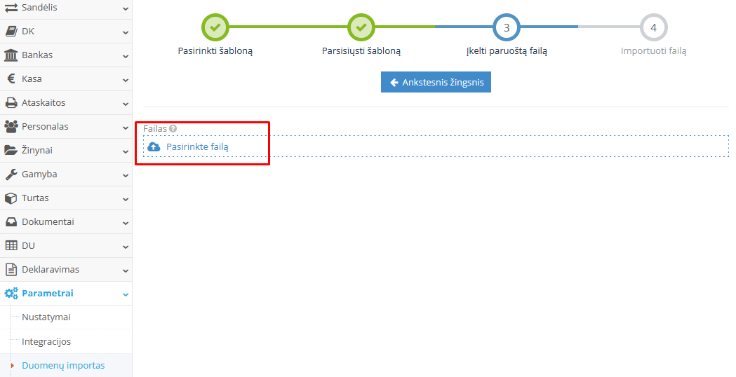 Paruošto pardavimo failo įkėlimas