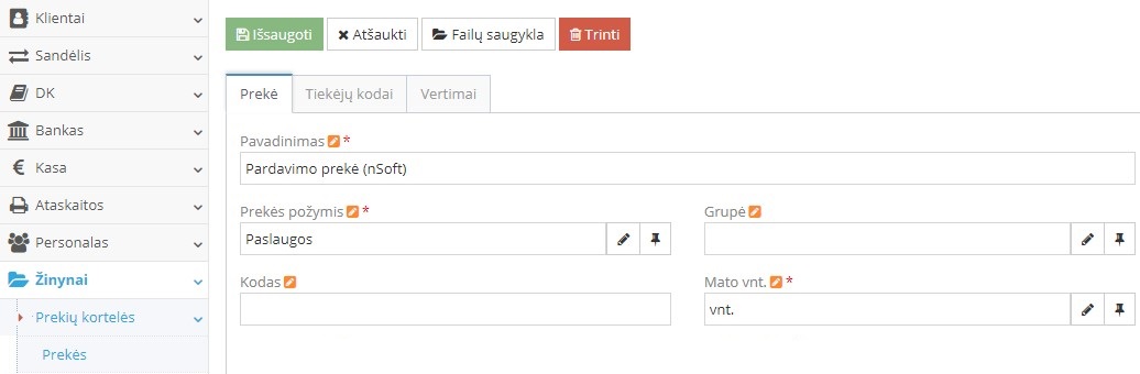 Pardavimo prekės kortelės pavyzdys su požymiu Paslaugos