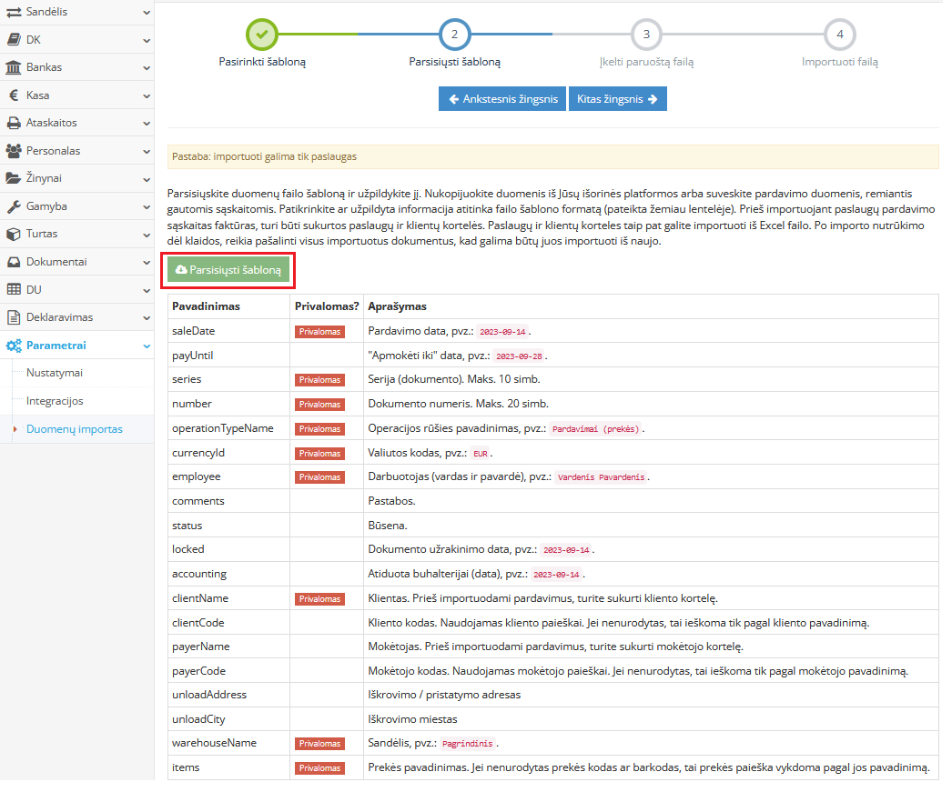 Pardavimų importo Excel šablonas