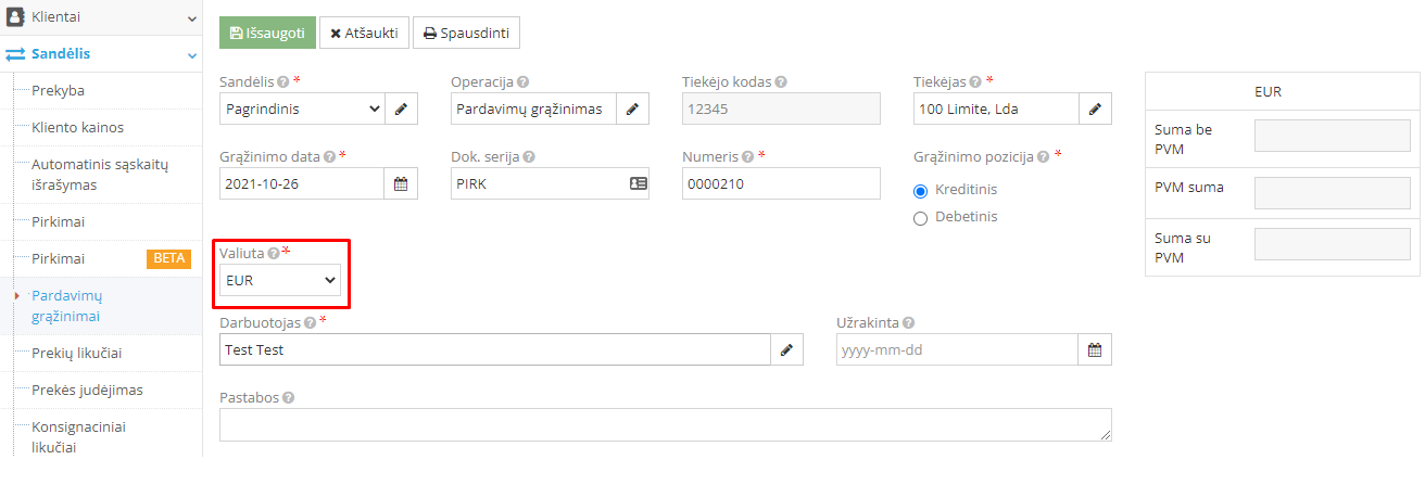 Pardavimo grąžinimo valiutos pasirinkimo langas