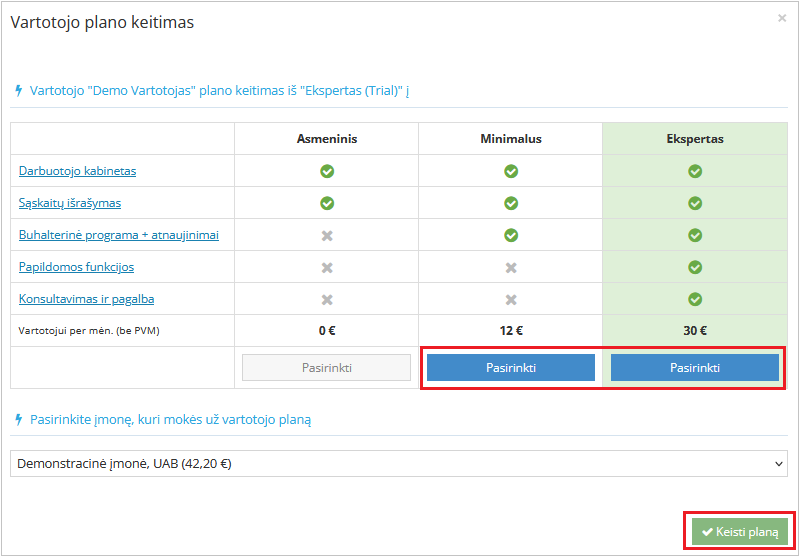 Tinkamo plano pasirinkimas ir keitimo mygtukas