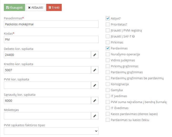 Paskolos mokėjimų operacijos kūrimo langas