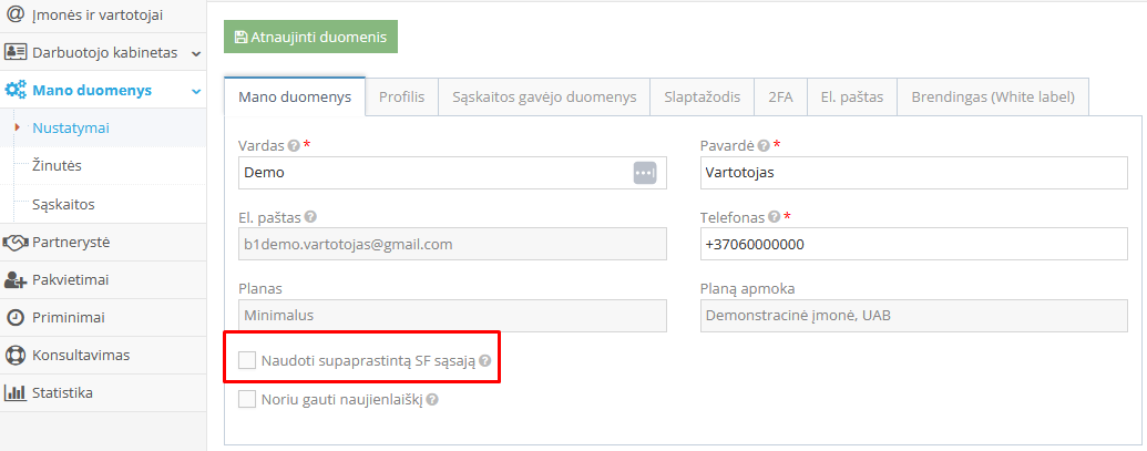 Supaprastintos sąskaitos versijos įjungimo langas