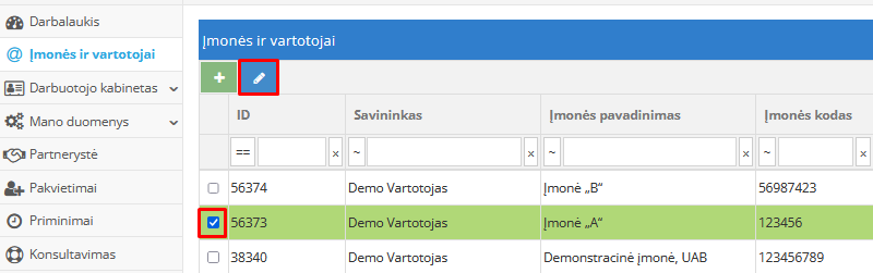 Įmonės pasirinkimas paskyros nustatymuose