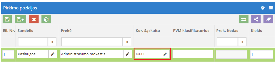 Paslaugų pirkimo registravimo langas su kor. sąskaitos lauku