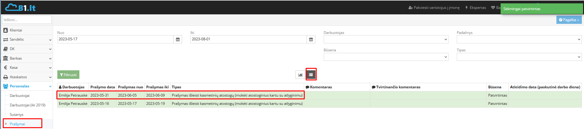 Personalas modulis su patvirtintu prašymu