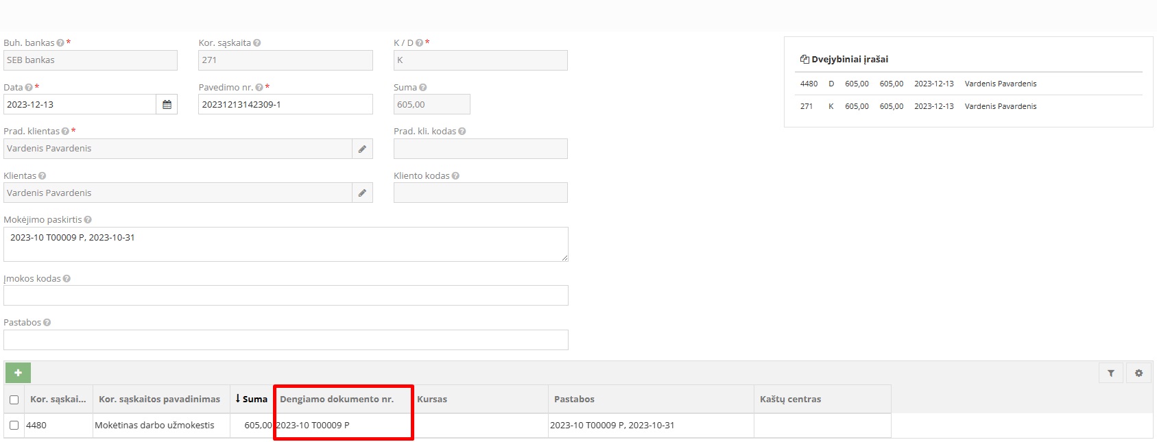 Mokėjimo įrašo sukūrimas pagal SEPA duomenis