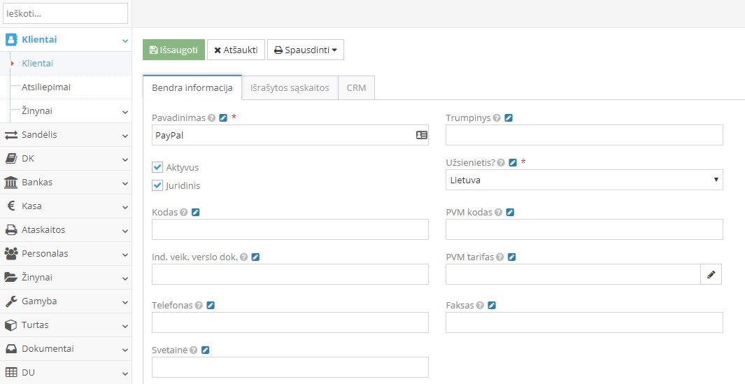Naujo kliento sukūrimo langas su PayPal integracija