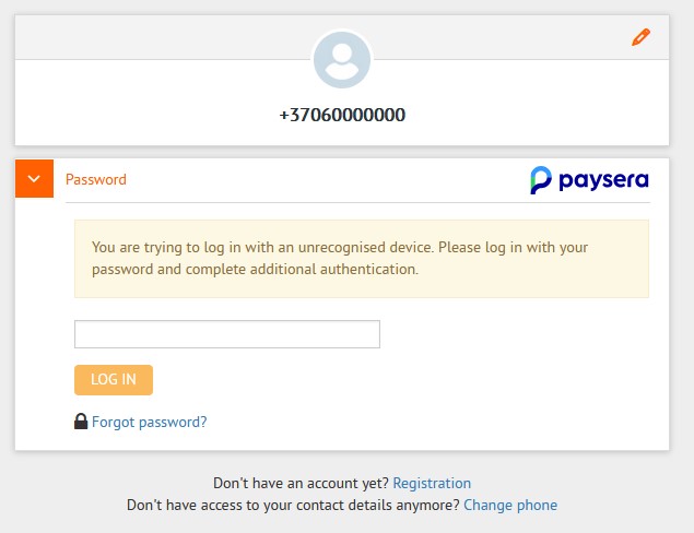 Paysera login options with mobile app or password