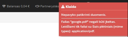 Klaidos pranešimas apie netinkamą PDF failą