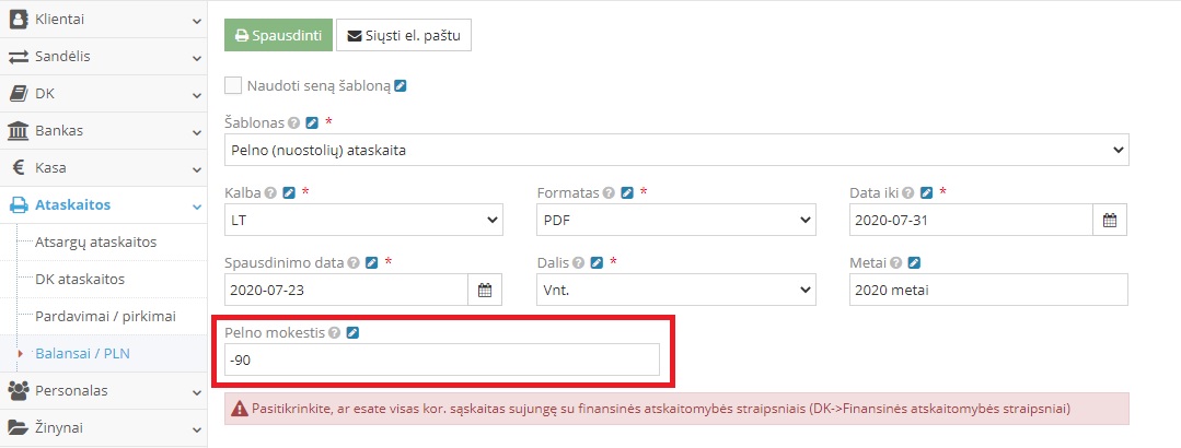 Pelno (nuostolių) ataskaitos pavyzdys ekrane